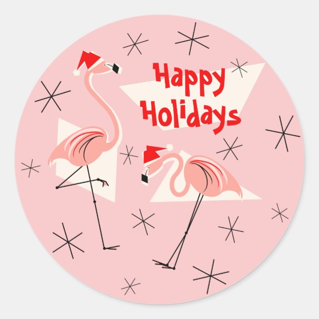 Rond Flamant rose Santas Pink Happy Holidays sticker ro (Devant)