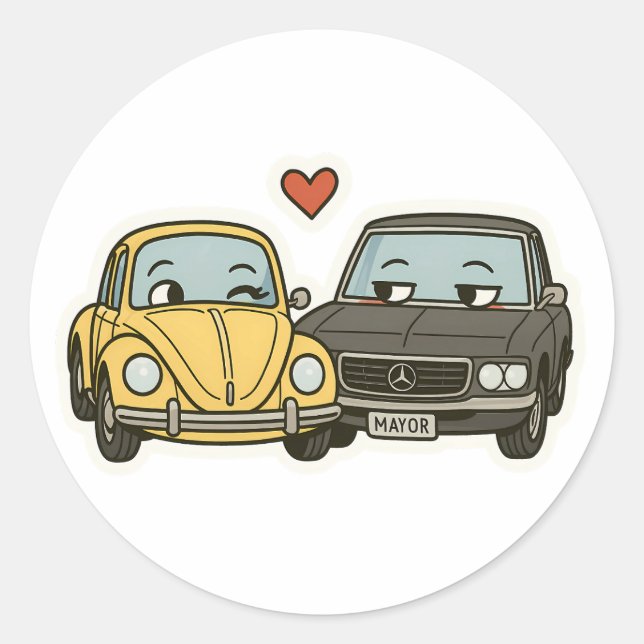 Rond Flirty Cartoon Car Couple - Drôle Sticker pour Rom (Devant)