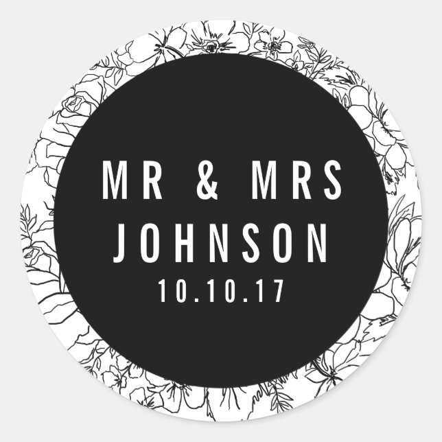 Rond Floral moderne noir et blanc M & Mme sticker (Devant)