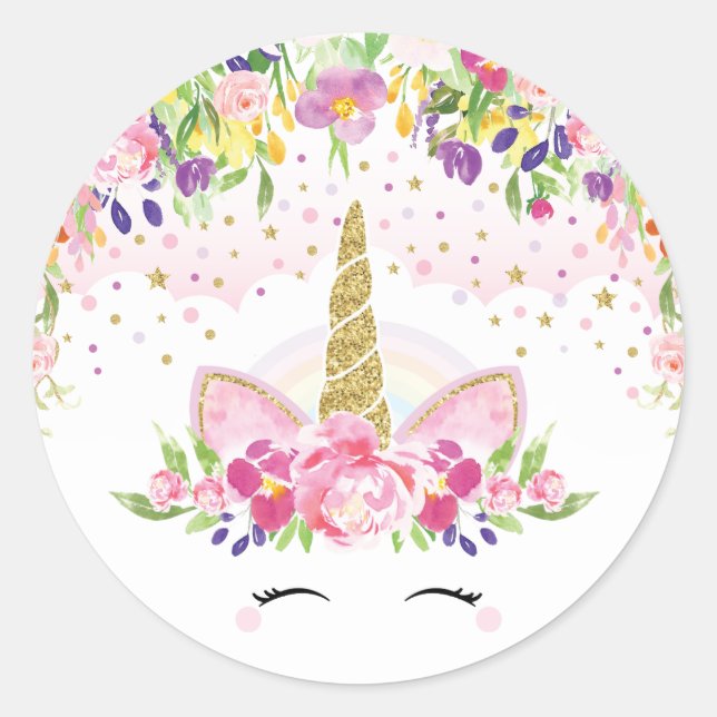 Rond Floral Rainbow Unicorn Merci Sticker Faveurs (Devant)
