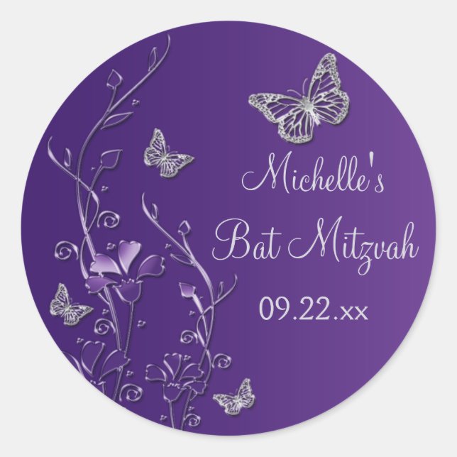 Rond Flore d'argent violet avec papillons Sticker 1,5" (Devant)