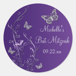 Rond Flore d'argent violet avec papillons Sticker 1,5"