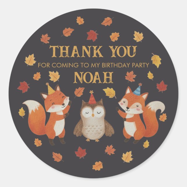 Rond Foxes and Owl Woodland Fall Kids Birthday Sticker (Devant)