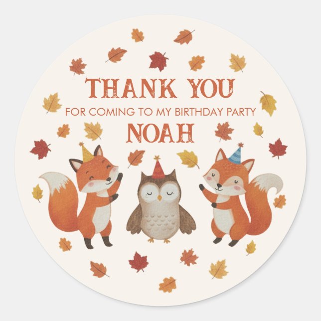 Rond Foxes and Owl Woodland Fall Kids Birthday Sticker (Devant)