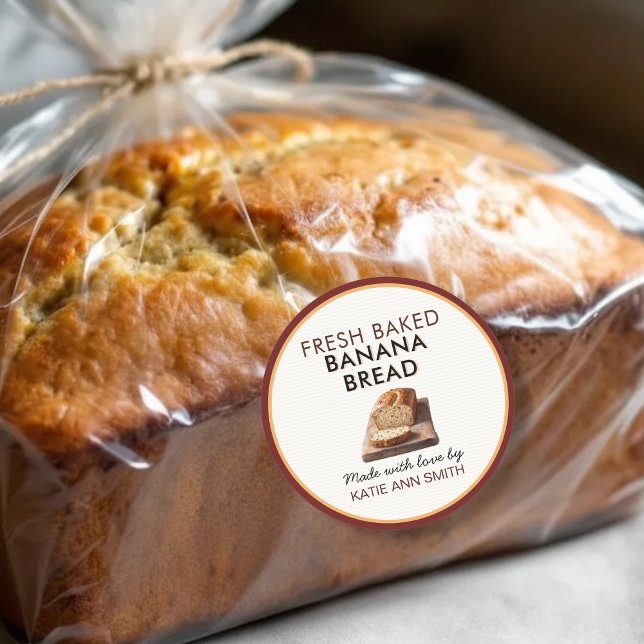 Rond Fresh Baked Banana Bread Label | Bakery Sticker (Homemade banana bread sticker label for home bakery goods)