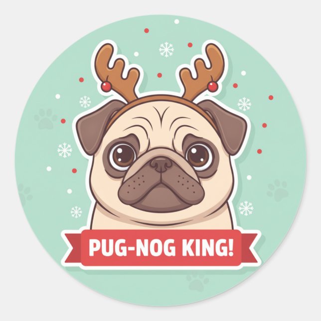 Rond Funny Pug Reindeer Holiday Sticker (Devant)