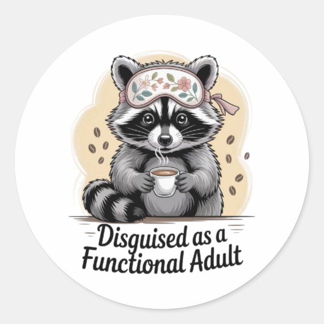 Rond Funny Raccoon Coffee Sticker Functional Adult Deca (Devant)