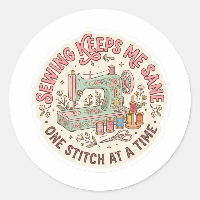 Rond Funny Sewing Sticker - Vintage Machine One Stitch  (Devant)