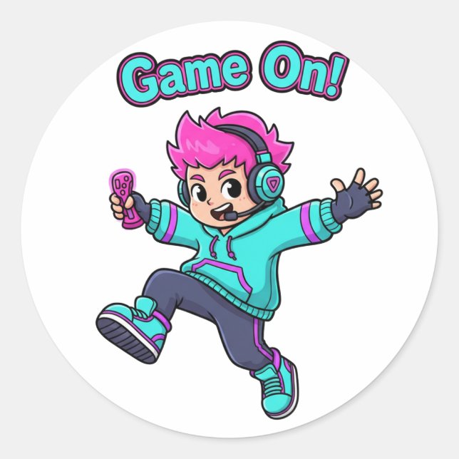 Rond Game On! – Cute Cartoon Gamer Character Sticker (Devant)