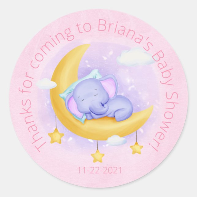 Rond Girl Elephant mignon Baby shower Favoriser Sticker (Devant)