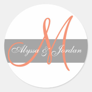 Rond Gray Orange Monogramme Noms Mariage Favor Sticker