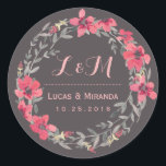 Rond Gris rose floral Wreath Wedding Favor Sticker<br><div class="desc">Vintage et rustique couronne florale merci sticker mariage. Belle aquarelle dessinant des fleurs et des feuilles avec des baies roses. Monogramme autocollant avec initiales de mariée et de mariée. Customisez le libellé pour la faveur de mariage du printemps, la faveur de la fête pour le étiquette pour la douche nuptiale,...</div>
