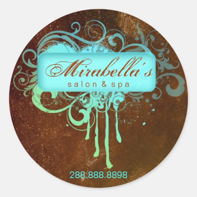 Rond Grunge floral sticker salon spa bleu brun (Devant)