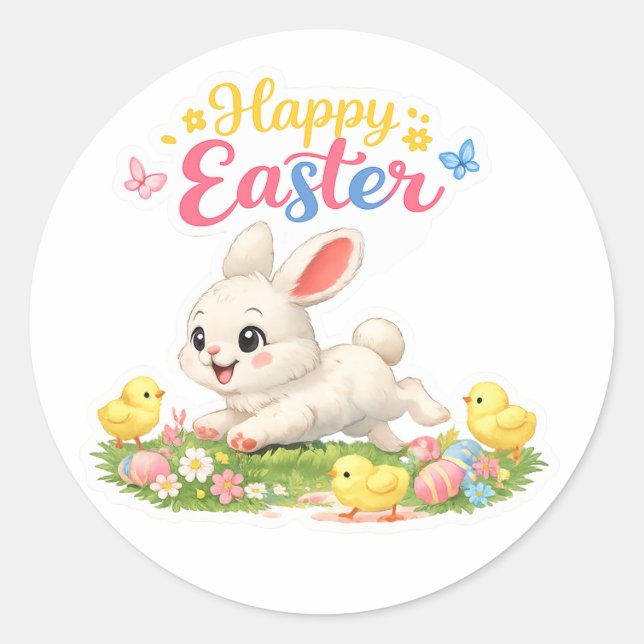 Rond Happy Easter Bunny Sticker – Cute Spring Design wi (Devant)