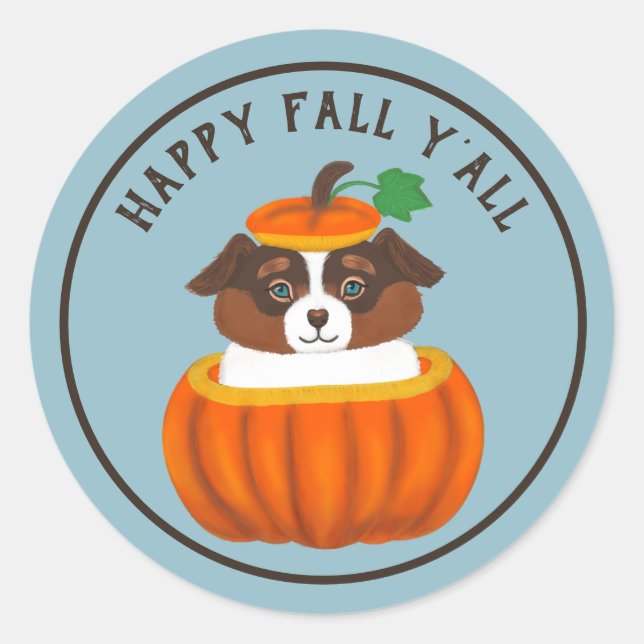 Rond Happy Fall Y'all Dog in Citrouille Sticker (Devant)