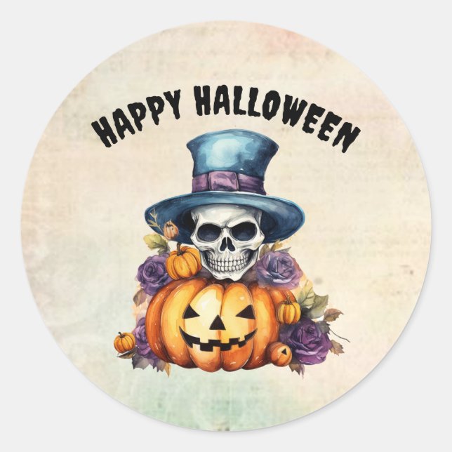 Rond Happy Halloween Squelette et Sticker Citrouille (Devant)