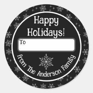 Rond Happy Holidays Sticker noir avec Snowflakes