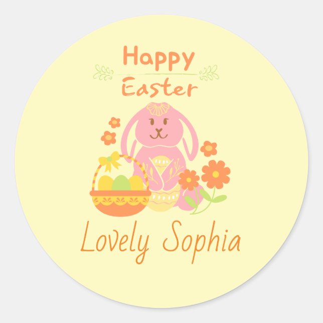 Rond Happy Sticker Classic Round Bunny Pink de Pâques (Devant)