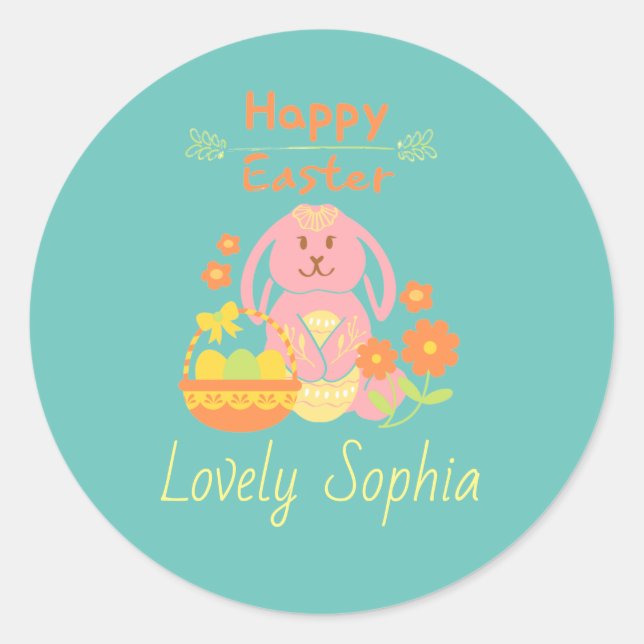 Rond Happy Sticker Classic Round Bunny Pink de Pâques (Devant)
