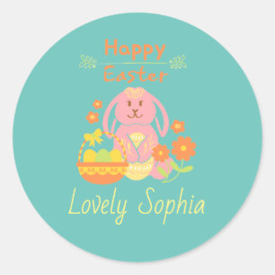Rond Happy Sticker Classic Round Bunny Pink de Pâques