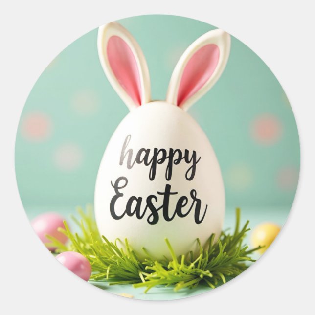 Rond Happy sticker de Pâques avec un lapin oreilles sur (Devant)