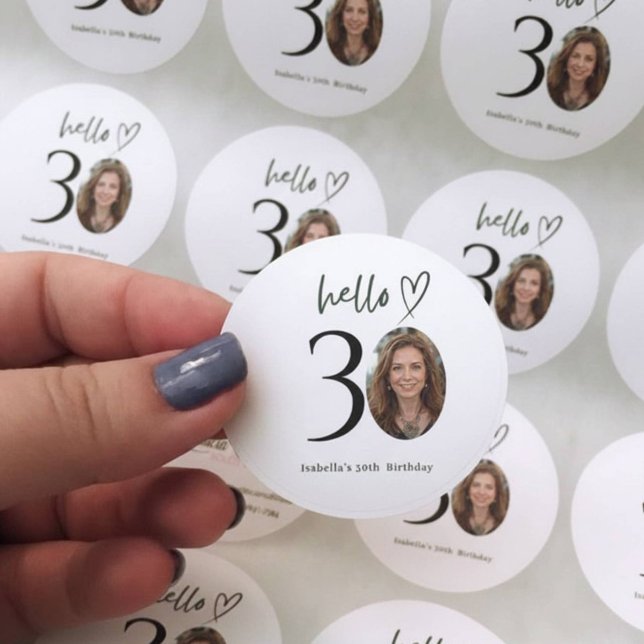 Rond Hello 30 Custom Birthday Photo Sticker Tag (Créateur téléchargé)