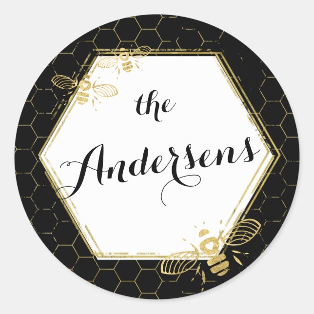 Rond Honey Bee Black Gold Custom Name Sticker Mariage (Devant)