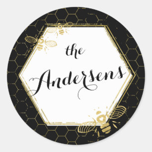 Rond Honey Bee Black Gold Custom Name Sticker Mariage