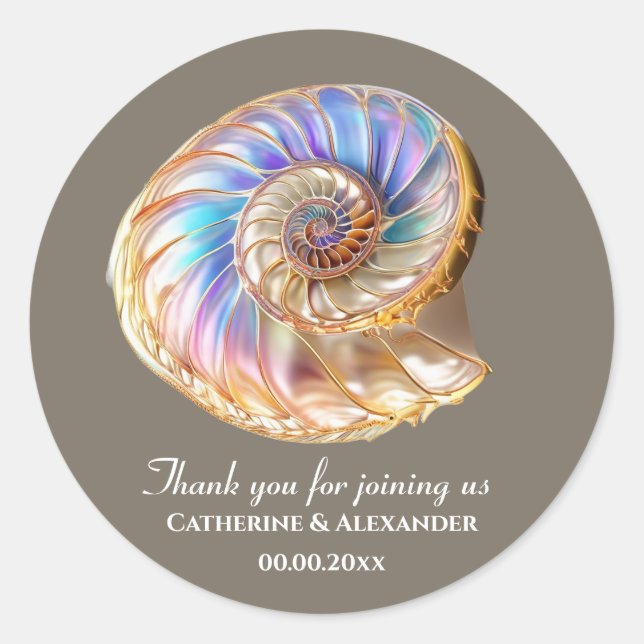 Rond Iridescent Conch Shell Wedding Thank You Sticker (Devant)