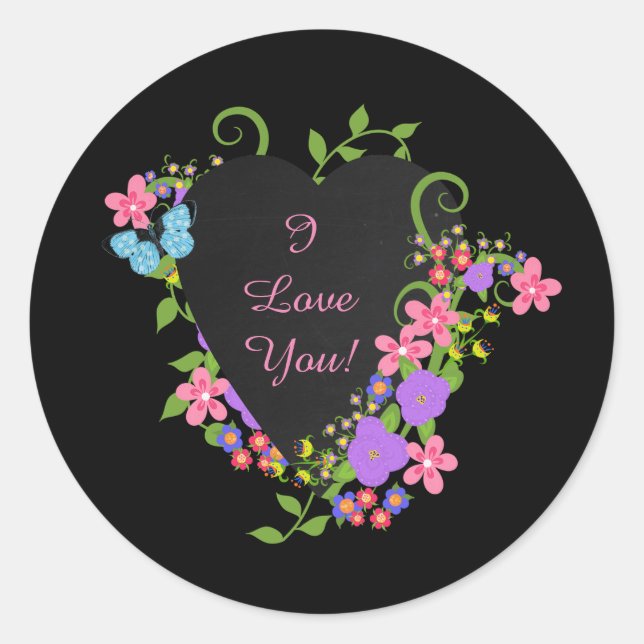 Rond Je T'Aime ! Sticker Coeur noir et Fleurs (Devant)
