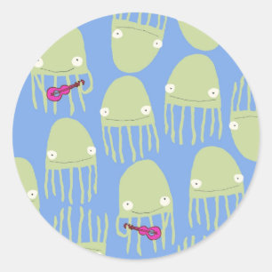 Rond Jellyfish Jouer Ukelele Sticker en bleu
