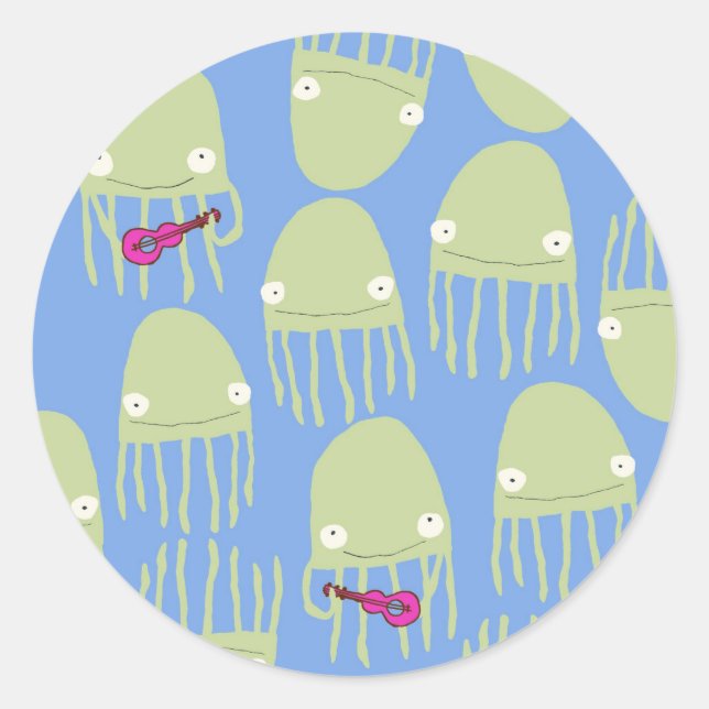 Rond Jellyfish Jouer Ukelele Sticker en bleu (Devant)