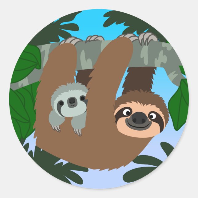 Rond Joli Cartoon Mère Sloth Et Bébé Sticker (Devant)