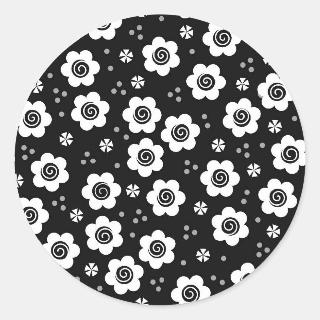 Rond Joli noir fleurs blanches Sticker (Devant)