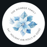 Rond Joy Christmas Blue Poinsettia Adresse Sticker<br><div class="desc">Joyeux Noël bleu poinsettia design</div>