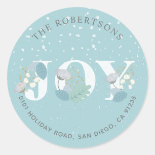 Rond JOY Light Blue Floral Snowfall Adresse Sticker