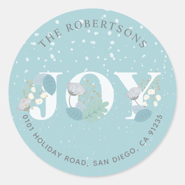 Rond JOY Light Blue Floral Snowfall Adresse Sticker (Devant)