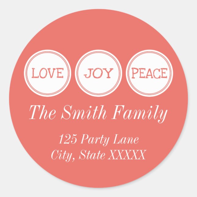 Rond Joy Love Peace | Sticker d'adresse ronde (Devant)