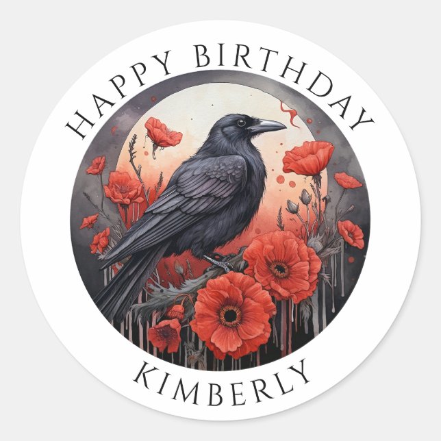 Rond Joyeux anniversaire Crow Bird Flowers Sticker (Devant)
