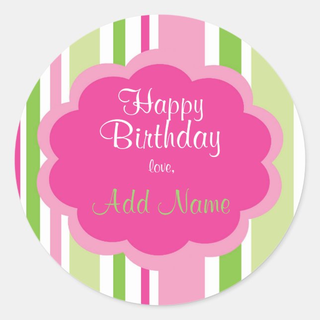 Rond Joyeux Sticker Anniversaire rose et vert (Devant)
