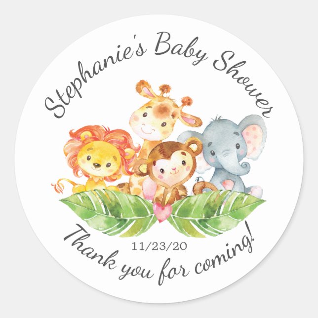 Rond Jungle Animal Girls Baby shower Favoriser Sticker (Devant)