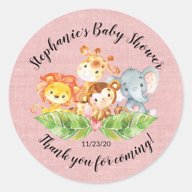 Rond Jungle Animal Girls Baby shower Favoriser Sticker (Devant)