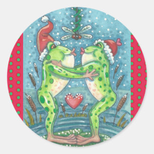 ROND KISSING FROGS, DRAGONFLY MISTLETOE HOLIDAY STICKER
