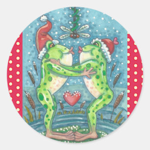 ROND KISSING FROGS, DRAGONFLY MISTLETOE HOLIDAY STICKER