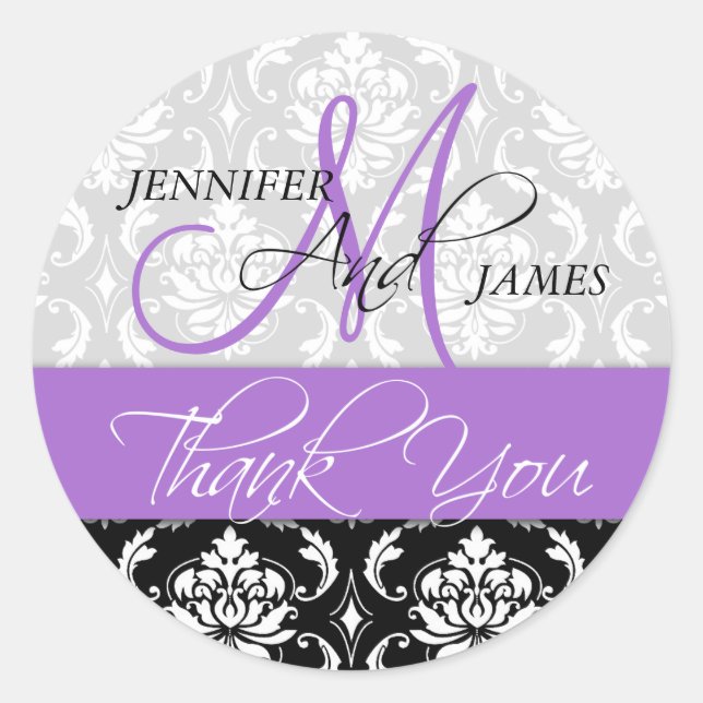 Rond Lavender Black Damask Mariage Favor Sticker (Devant)