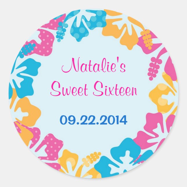 Rond Luau Hibiscus Sweet sixteen (16) Favor Sticker (Devant)