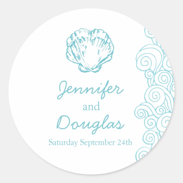 Rond Mariage clam coque de plage vagues aqua sticker (Devant)