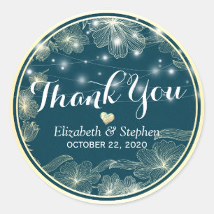 Rond Mariage Favor Merci Sticker Blue Gold Flowers