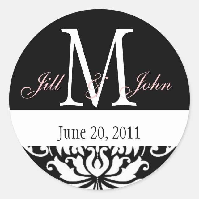 Rond Mariage Monogramme Noms Date Damask Sticker (Devant)
