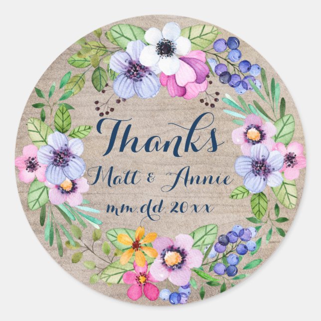 Rond Mariage rustique Merci Sticker Aquarelle Fleurs (Devant)